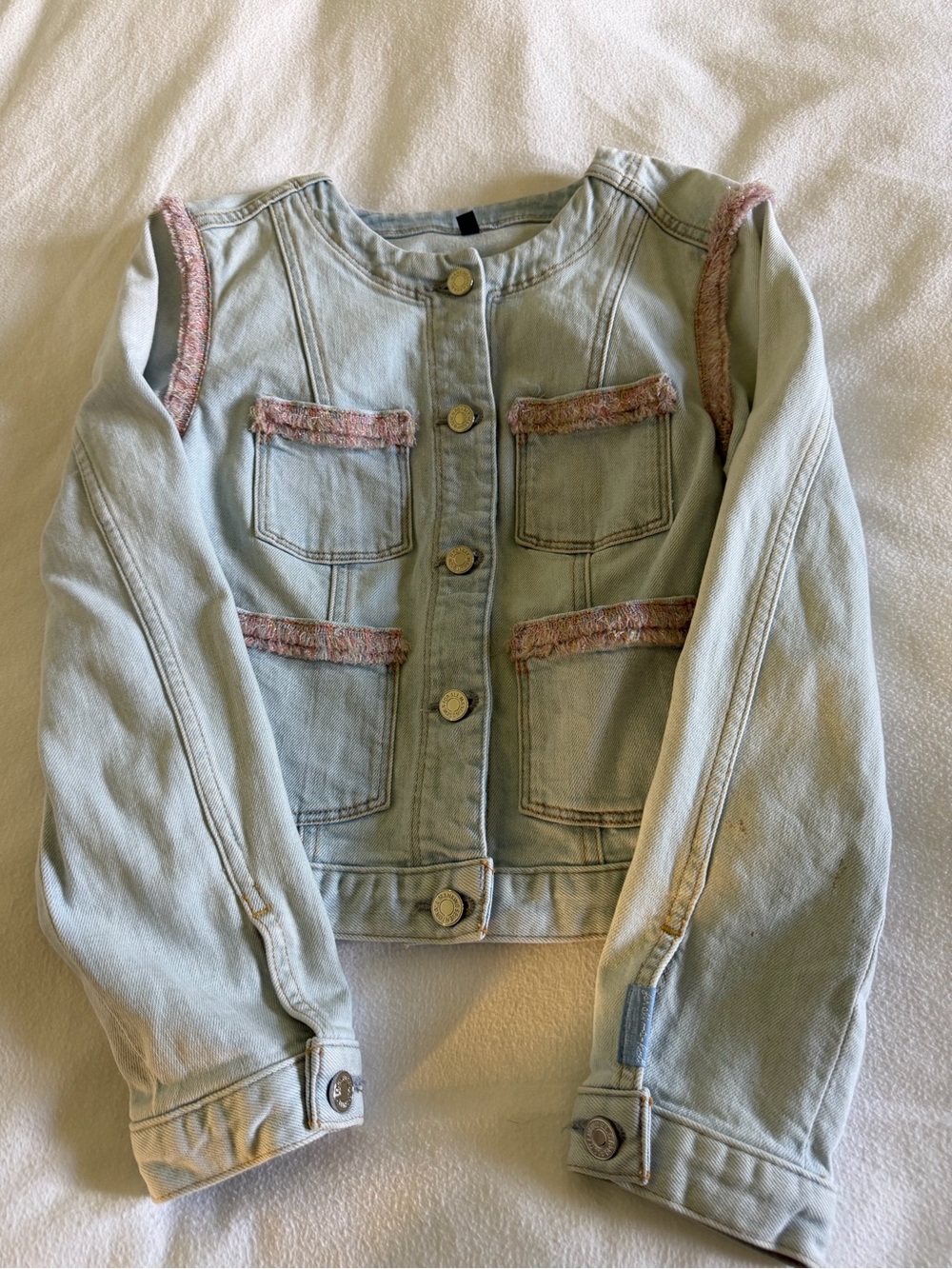 Light Blue Women Denim 7 for All Man Kind Jacket with Pink Trim